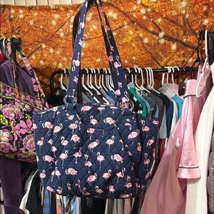 Vera Bradley Retired Flamingo Quilted Tote Navy Pink Large Shopper